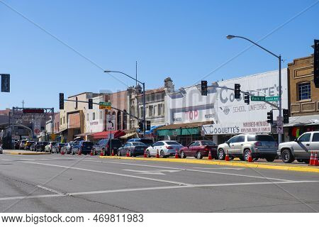 Nogales, Az, Usa - Jan. 21, 2023: Historic Commercial Buildings On N Grand Avenue In City Of Nogales