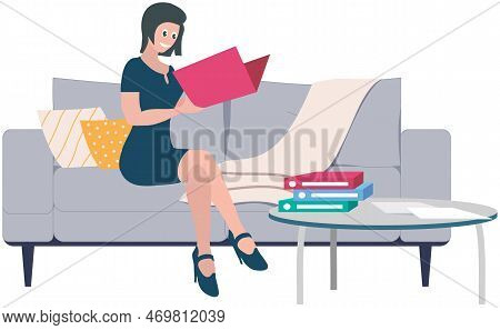 Female Character Sitting On Sofa At Office Meeting Holding Folder With Paper Document, Woman Reading