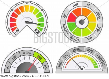 Color Scale With Arrow From No To Max And Change In Indicators. Measuring Device Icon Tachometer, Sp