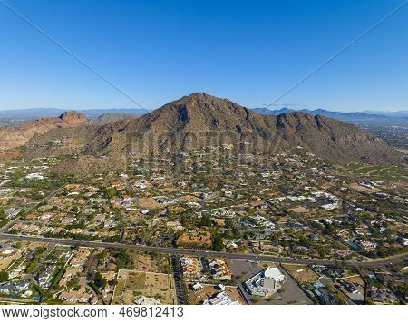 Camelback Mountain Aerial View In City Of Phoenix, Arizona Az, Usa.