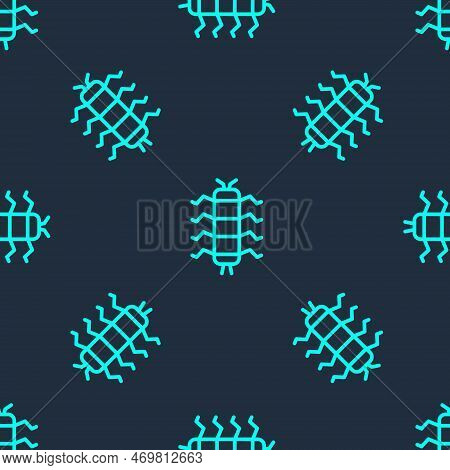 Green Line Centipede Insect Icon Isolated Seamless Pattern On Blue Background. Vector