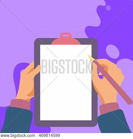 Illustration With Hands Holdings Paper And Pencil Writing Text. Brand Nes Infromation. Empty Space F