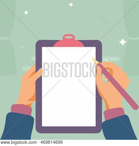 Illustration With Hands Holdings Paper And Pencil Writing Text. Brand Nes Infromation. Empty Space F