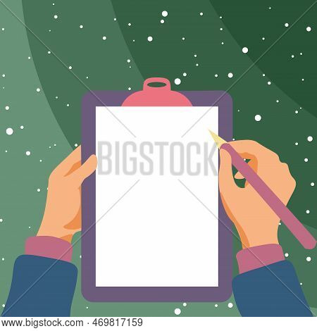 Illustration With Hands Holdings Paper And Pencil Writing Text. Brand Nes Infromation. Empty Space F