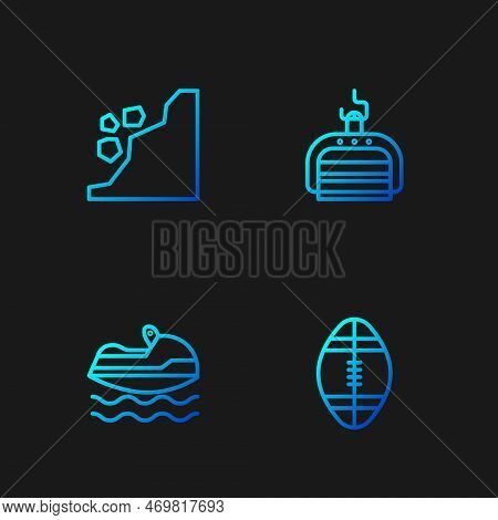 Set Line Rugby Ball, Jet Ski, Landslide And Ski Lift. Gradient Color Icons. Vector