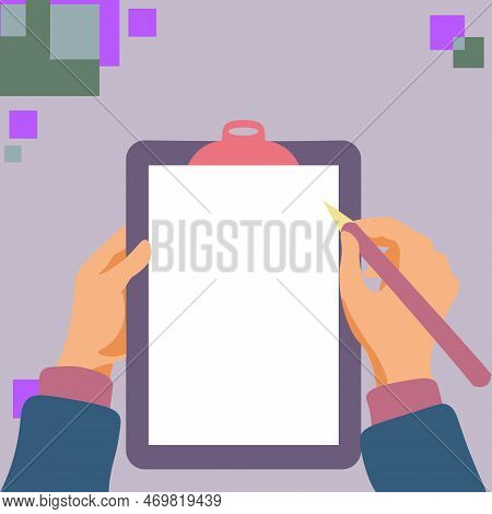 Illustration With Hands Holdings Paper And Pencil Writing Text. Brand Nes Infromation. Empty Space F