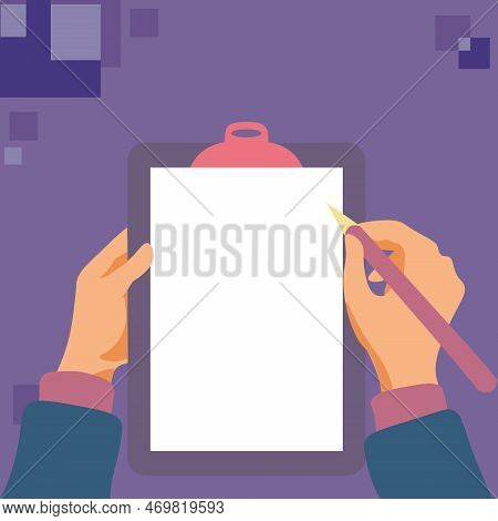 Illustration With Hands Holdings Paper And Pencil Writing Text. Brand Nes Infromation. Empty Space F