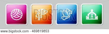 Set Line Memorial Wreath, Tear Cry Eye, Dove And Church Building. Colorful Square Button. Vector