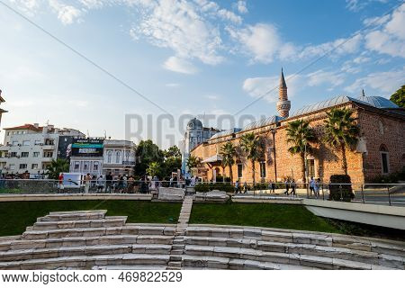 Plovdiv, Bulgaria, July 2022: Plovdiv City Center With Dzhumaya Mosque And The Ancient Stadium Of Ph