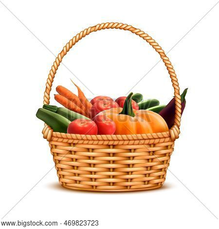 Willow Wicker Basket One Handle Full With Fresh Farmer Market Harvest Vegetables Closeup Realistic I