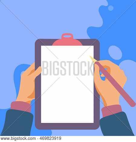 Illustration With Hands Holdings Paper And Pencil Writing Text. Brand Nes Infromation. Empty Space F