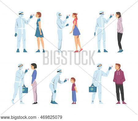 Doctors In Protective Suit Measuring Temperature Of People With Body Temperature Scanner Vector Set