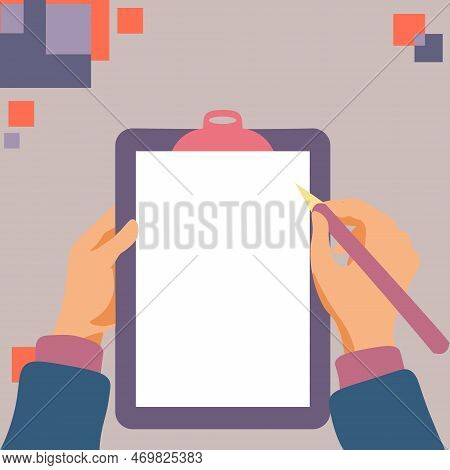 Illustration With Hands Holdings Paper And Pencil Writing Text. Brand Nes Infromation. Empty Space F