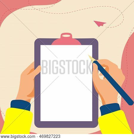 Illustration With Hands Holdings Paper And Pencil Writing Text. Brand Nes Infromation. Empty Space F