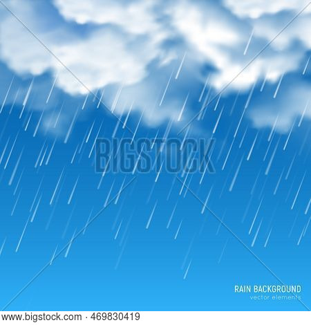Dense White Sun Lighted Clouds Producing Pouring Rain Closeup Realistic Image Against Blue Sky Backg