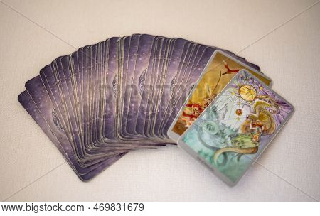 Bangkok, Thailand- January 12 2022: The Tarot Prediction Esoteric All Major Arcana Set Cards Put On 