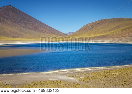 Salt Lake, Turquoise Laguna Miniques, Volcanic Landscape At Sunrise, Atacama