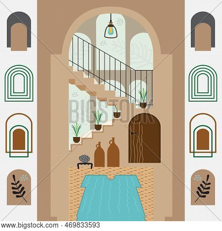 Architectural Interior Arcs And Stairs In High Roofed Room Area With Rug, Flower Pot, Door And Decor