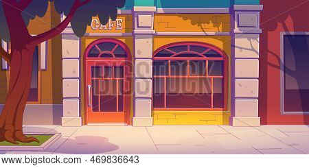 Cafe Facade In City Street With Tree On Sidewalk. Vector Contemporary Illustration Of Yellow Buildin