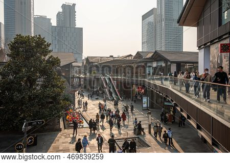 Chengdu, Sichuan Province, China - Jan 30, 2023: People Walking In Sino-ocean Taikoo Li, A Landmark 