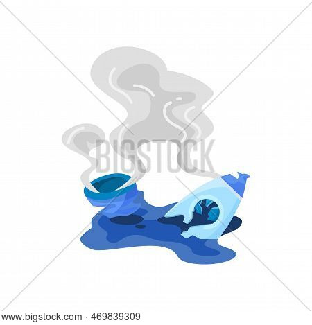 Broken Blue Spaceship Vector Illustration. Crashing Rocket, Wreck Or Crash As Symbol Of Bad Business