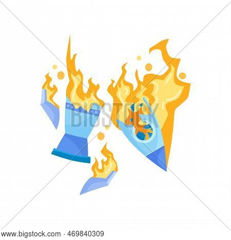 Broken Blue Spaceship On Fire Crashing Vector Illustration. Crashing Rocket, Wreck Or Crash As Symbo