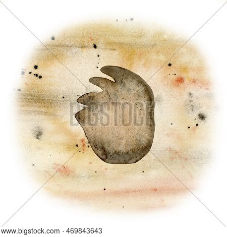 Watercolor Herbivorous Dinosaur Footprint Fossil, Hand Drawn Diplodocus Paw On Sand Illustration