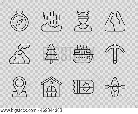 Set Line Location Flag Iceland, Kayak Paddle, Viking Head, Farm House, Compass, Tree, Ticket And Pic