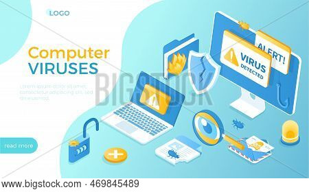 Computer Viruses. Monitor And Laptop With Alert Messages. Errors Detected, Bugs, Open Lock, Infected