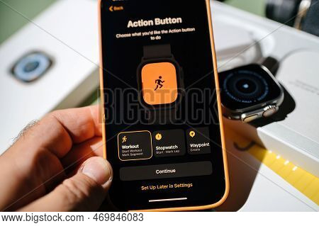 London, United Kingdom - Sep 23, 2022: Setting Up Action Button On New Titanium Apple Watch Ultra Fo