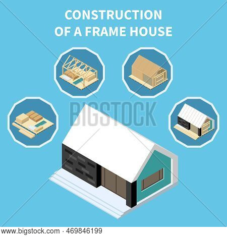 Modular Building Isometric Concept With Steps Of Frame House Construction Vector Illustration