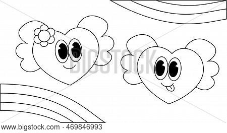 Two Heart With Wing And Rainbow. Illustration Character In Groovy Cartoon Style. Black And White