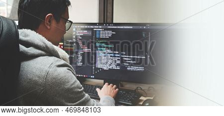 Coder Programmers Working In Office, Programmer Analyst Writing Code - Coder Working From Home With 
