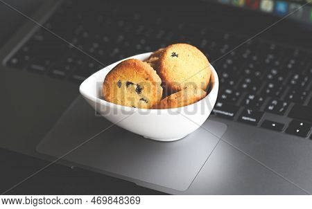 Internet Cookies, Mini Cookies On Keyboard Computer Laptop For Internet Browser Cookies Concept