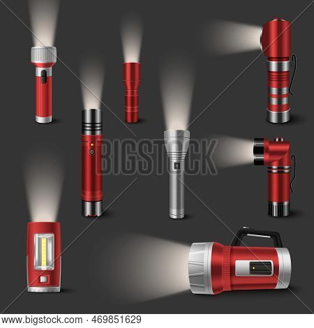 Side View Of Red Realistic Shining Handheld Flashlights Of Different Kinds On Grey Background Isolat
