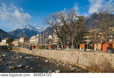Merano, Italy - December 27, 2022: Beautiful View Of Merano City With Traditional Christmas Market I