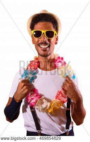 Portrait Of Black Man With Carnival Props Isolated On Orange Background.