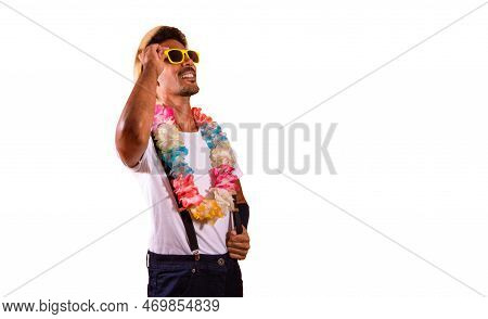 Portrait Of Black Man With Carnival Props Isolated On Orange Background.