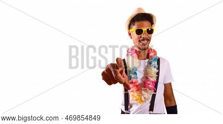 Portrait Of Black Man With Carnival Props Isolated On Orange Background.