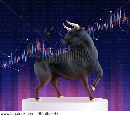 Color Bull Realistic Composition With Realistic Image Of Bull On Pedestal In Front Of Stocks Graph V