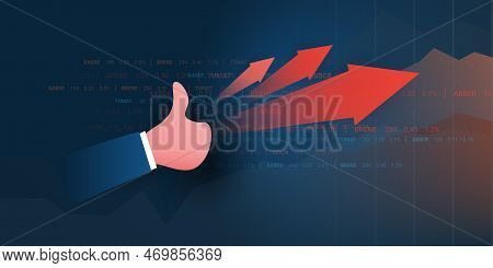 Great Growth, Success In Business - Vector Illustration Of Big Red Up Arrows, Diagram, Chart Of Stoc