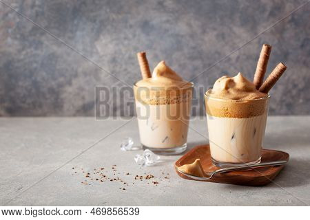 Dalgona Coffee In Glass. Trendy Instant Coffee Whipped With Sugar And Hot Water