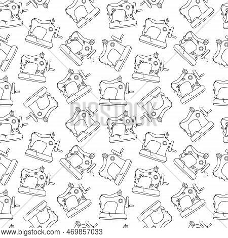 Sewing Machines Pattern. Vector Seamless Background. Black And White Colors. Doolde Repeat Illustrat