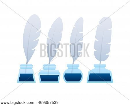 Quill And Ink Icon. Duck Feather Pen. Vector Stock Illustration.