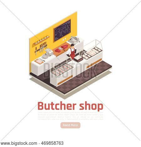 Butcher Shop Isometric Composition With Beef Cuts Salesman Sliced Meat Chicken Fillets Steaks On Cou