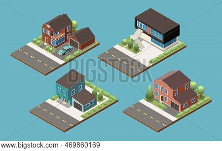 Four Various Project Of Suburban Private Two Floors Cottage With Annex For Garage Isometric Vector I