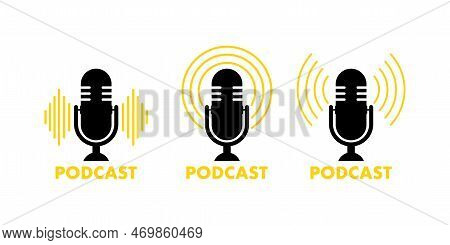 Podcast Radio Icon, Label. Studio Microphone, Broadcast. Creative Podcast. Vector Stock Illustration