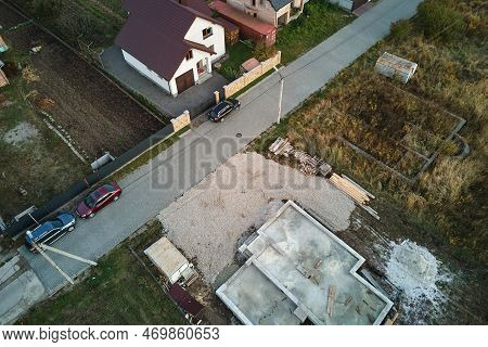 Aerial View Of Building Works Of New House Concrete Foundation On Construction Site.