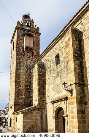 Nest Of Storks On Top Of Old Stone Bell Tower Of The Church Iglesia De Nuestra Senora De La O At Nav
