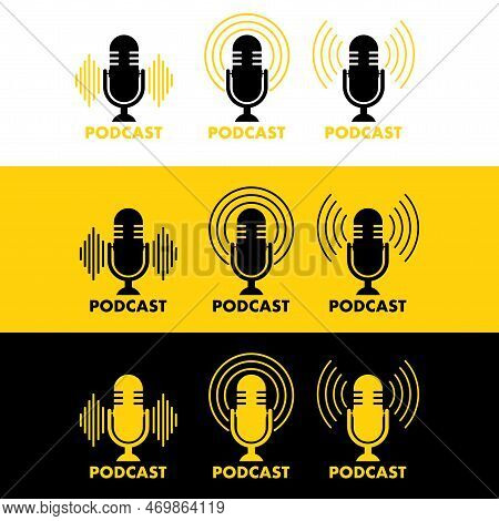 Podcast Radio Icon, Label. Studio Microphone, Broadcast. Creative Podcast. Vector Stock Illustration
